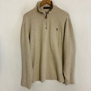 Polo Ralph Lauren 1/4 Zip Knit Sweater Men XL Oatmeal Mock Neck Preppy Academia